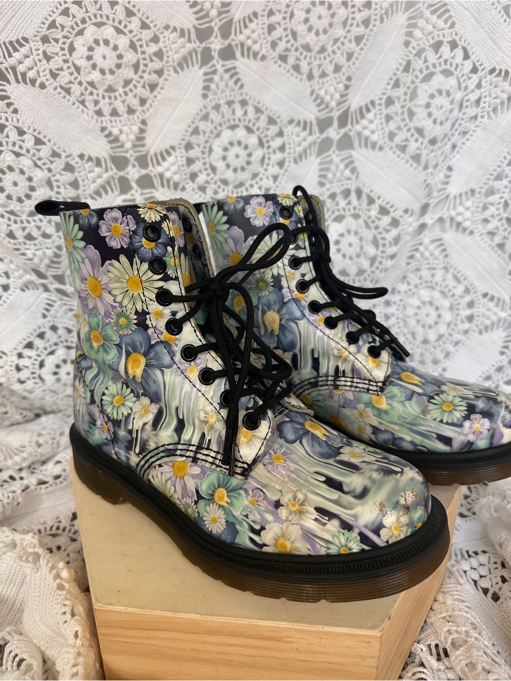 RARE COLLECTIBLE Dr. Martens 1460 Pascal Blue Slime Floral Paint Drip Boots Sz6 - Picture 2 of 16